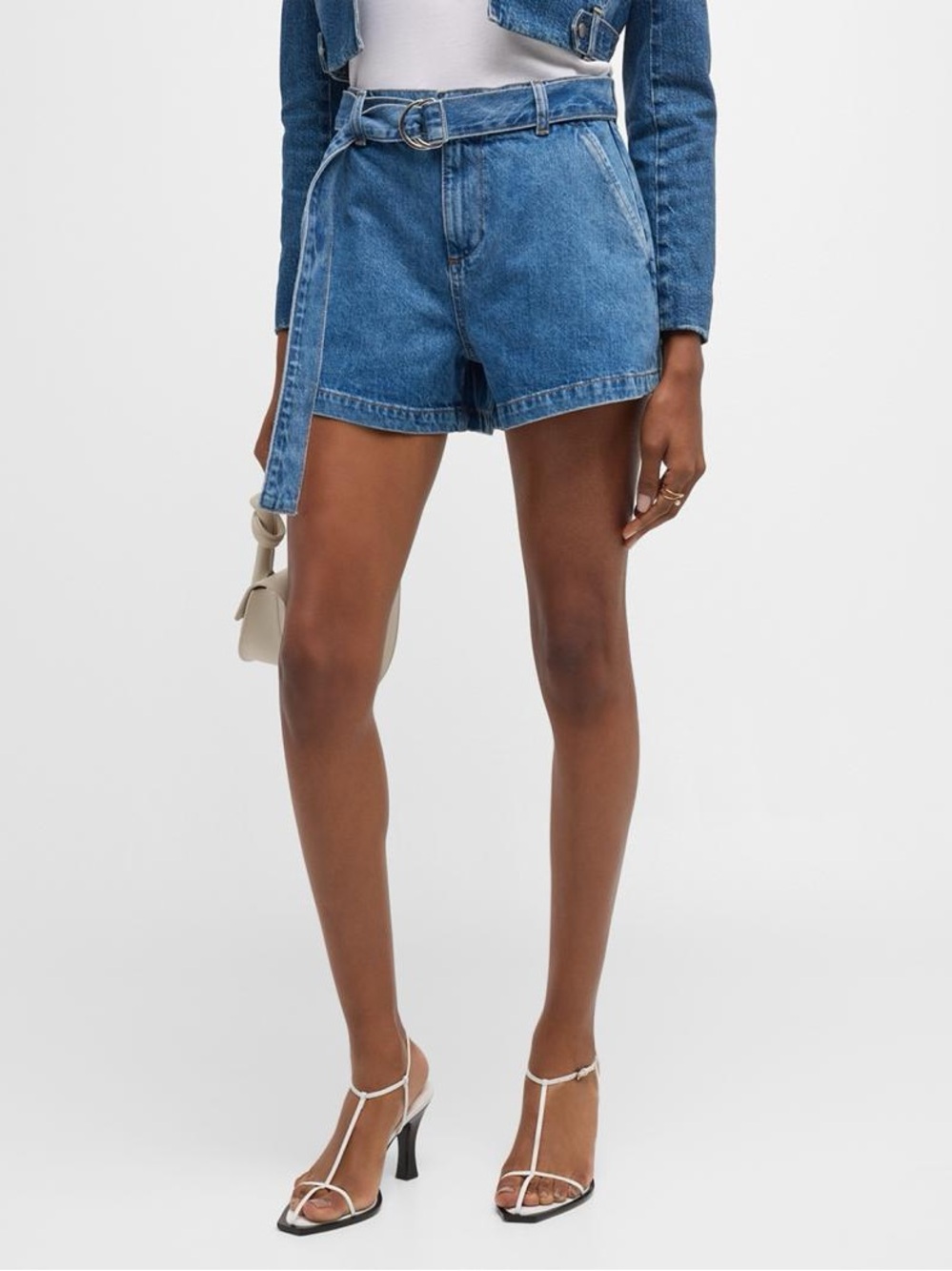 💜 Anthropologie FRAME Le Trousers Belted Denim Shorts | High-Waist Blue | Size 3